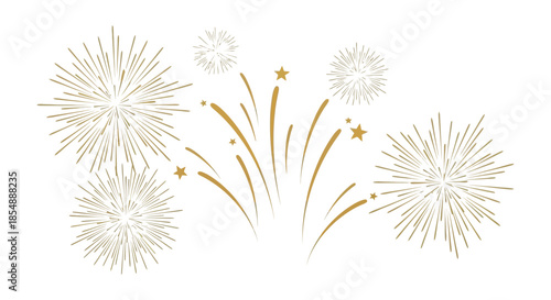 Golden firework displays illuminate a festive scene with bursts of light and sparkling trails