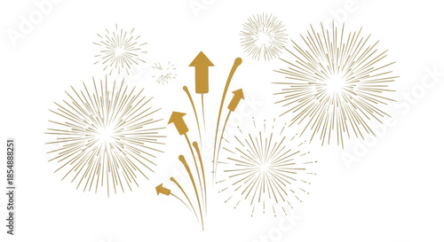 Golden fireworks display with upward pointing arrows and sparkling starbursts a festive and celebratory image