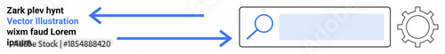Digital workflow, search functionality, technology process, data management, information retrieval, automation systems. Magnifying glass, arrows and gear icon interconnected cycles. Search