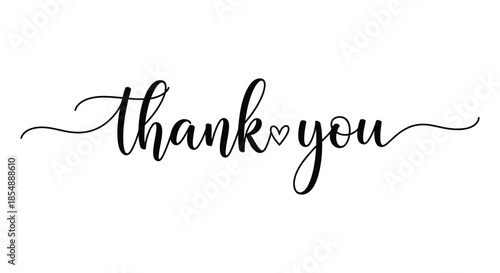 Elegant black calligraphy script displaying the words thank you with a heart replacing the o