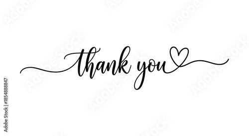 Elegant black calligraphy showcasing the phrase thank you with a delicate heart illustration