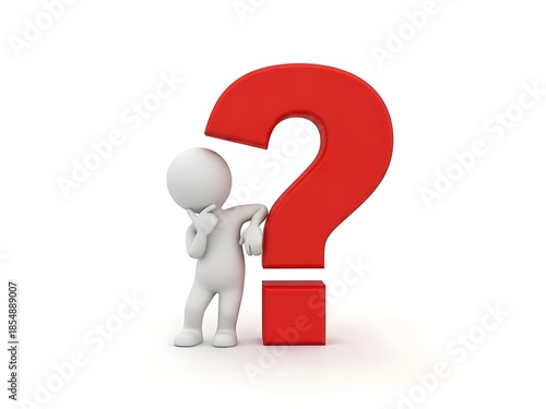 Thinking man standing next to large red question mark