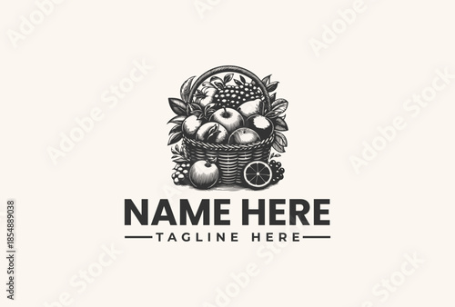 Black and white illustration of a fruit basket with a wheel, surrounded by leaves and a plate, against a plain background, designed as a logo or icon.