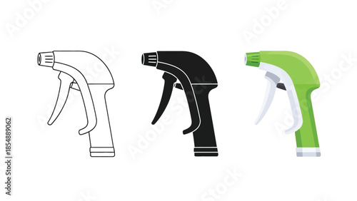 Spray Nozzles Vector Set in Three Styles — Line Art, Silhouette and Color Version