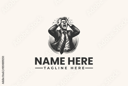 Black and white illustration of a frustrated businessman with hands on head, logo design with placeholder text on a clean background.