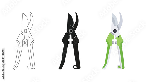 Pruning Shears Vector Set in Three Styles — Line Art, Silhouette and Color Version for Gardening Tools Illustration