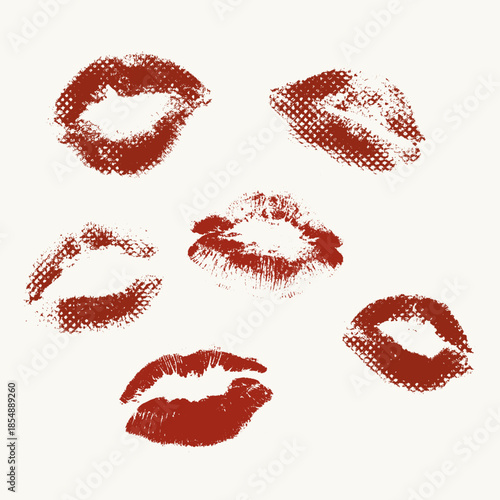 Vector red lip print set on napkin. White background. Fashion set elements in pop art.