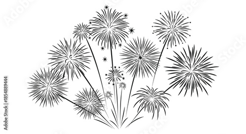 A beautiful black and white illustration depicting a vibrant burst of fireworks in the night sky