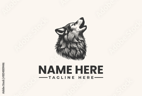 A black and white illustration of a wolf's head with its mouth open, set against a plain background with space for a logo and tagline.