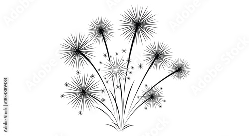 A delicate black and white illustration depicts a cluster of dandelion seed heads with intricate detail