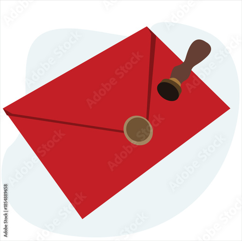 red envelope and stamp.  Mail in envelope with red wax sea
