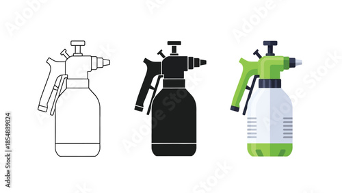 Spray bottles Vector Set in Three Styles — Line Art, Silhouette and Color Version for Gardening and Digging for Gardening Tools