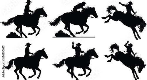 Cowboy horse riding silhouettes, rodeo action poses, wild horse bucking, western equestrian sport illustration, ranch cowboy graphic design collection