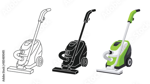 Vacuum Cleaners Vector Set in Three Styles — Line Art, Silhouette and Color Version