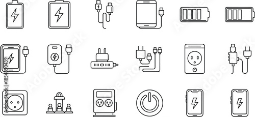 Battery charging and power supply outline icon set with energy electricity plug and mobile charging symbols for technology design