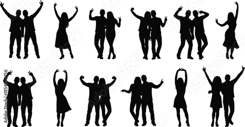 Silhouette collection of people dancing and posing together in joyful expressions, showing friendship, celebration, party mood, movement, fun energy and happy lifestyle