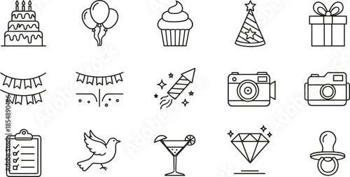 Party and celebration outline icon set with birthday cake balloons gifts fireworks and festive event symbols