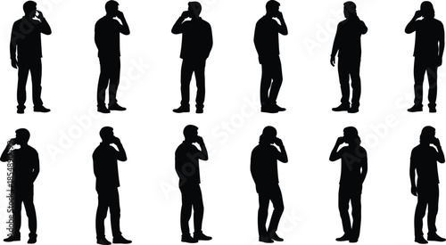 Silhouette collection of men talking on mobile phones in various standing poses, showing communication, technology use, modern lifestyle, posture and everyday behavior