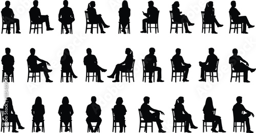 Silhouette collection of people sitting on chairs in various poses, showing conversation, thinking, relaxing, body language, posture and everyday seated positions