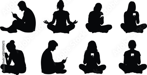 Silhouette collection of people sitting on floor using smartphones and meditating, showing relaxation, digital lifestyle, mindfulness, modern behavior and everyday activities