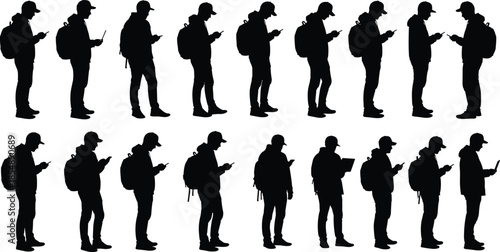 Silhouette collection of young man standing with backpack using smartphone in multiple poses, showing digital lifestyle, mobile addiction, modern behavior and technology use