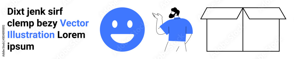 Fototapeta premium Communication, packaging, emotions, design, social media, concepts. happy face, man gesturing open box. Communication and packaging concepts through simple visuals