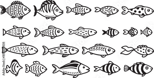 Doodle fish icon set. hand drawn Fish sketch collection. Underwater world sea life ocean black and white line art vector art and illustration 