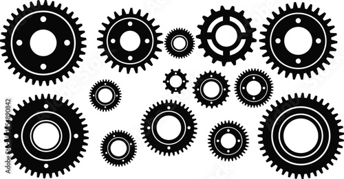 Collection of black gear silhouettes isolated on white background for industrial engineering mechanical machinery technical repair and maintenance services design elements