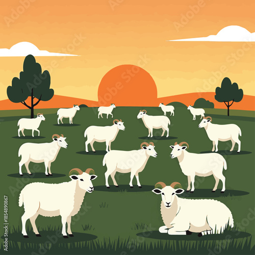 Isolated a kinds of different realistic White sheep on beautiful green grassy pasture with sunset sky vector art with white background.