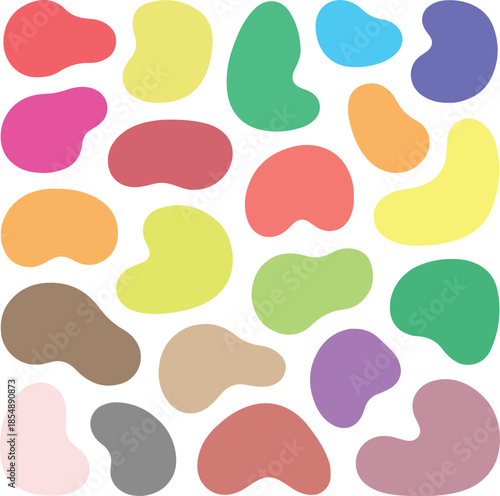 Vibrant abstract organic shapes in a playful, scattered composition, showcasing a diverse palette of pastel and muted colors, ideal for background graphics, creative designs, and artistic presentation