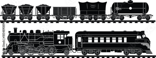 Collection of black silhouette trains including steam locomotive passenger car and freight wagons on tracks isolated on white for transport design