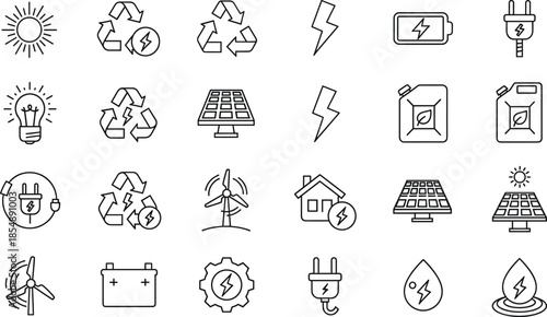 Renewable energy and electricity outline icon set with solar wind battery recycle and power symbols for sustainable design