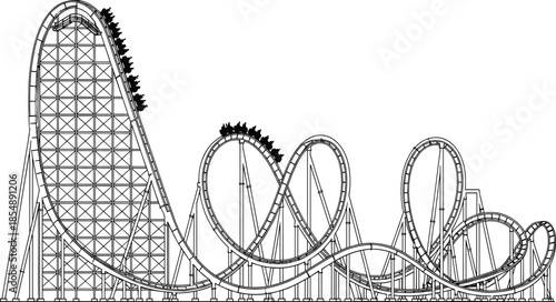Detailed black and white line art illustration of a large rollercoaster with steep drops, loops, and passengers for amusement park.