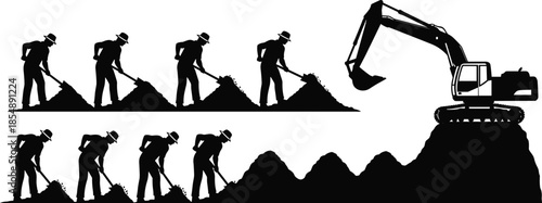Construction site silhouette with manual laborers digging dirt alongside a heavy hydraulic excavator machine for earthmoving and industrial building projects.