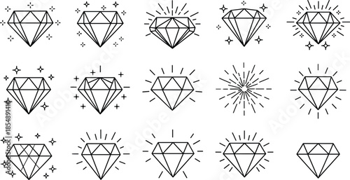 Minimalist black and white diamond icons set with sparkling stars, shine rays, and geometric gemstone outlines for jewelry branding and design.