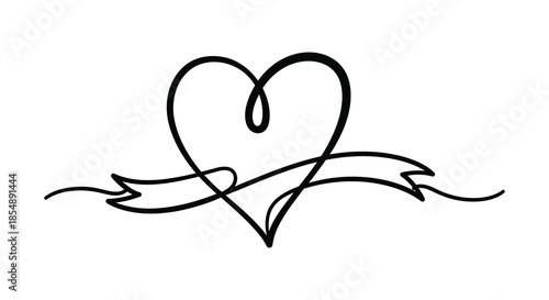 A delicate black line drawing depicts a heart shape with swirling ribbon like extensions
