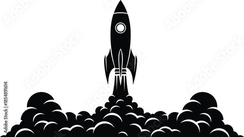 Retro rocket launch silhouette with smoke clouds, minimalist spaceship takeoff flat vector illustration, startup business growth concept, isolated aerospace icon on white background.