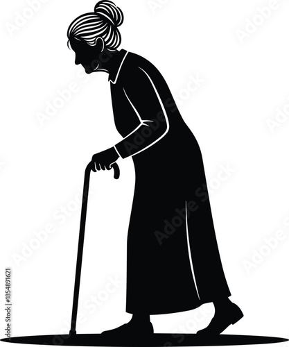 Senior elderly woman walking with cane silhouette, grandmother with walking stick minimalist flat vector illustration, aging and geriatric healthcare concept, isolated graphic icon.