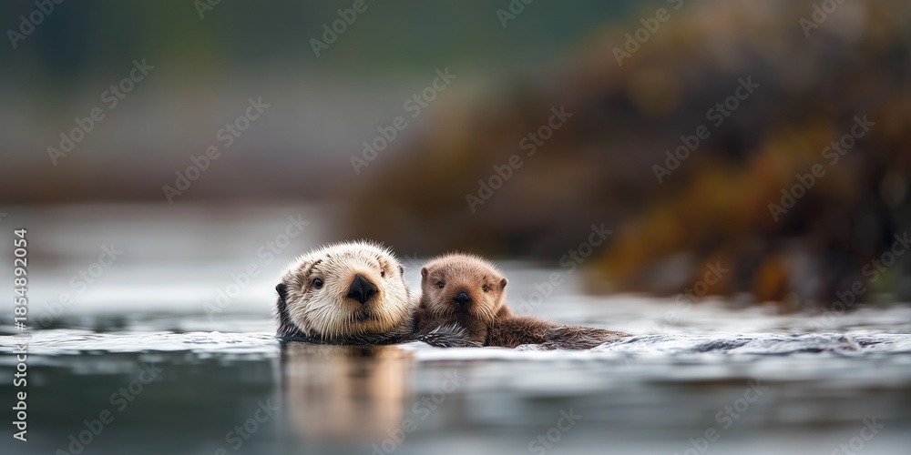 Obraz premium Otters with their young floating on water in a natural habitat during daylight