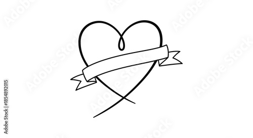 A simple black and white illustration of a heart with a ribbon banner across it
