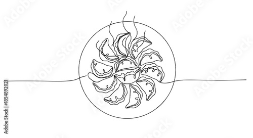 Continuous line drawing of steaming dumplings served elegantly on a round plate isolated on transparent background, Vector