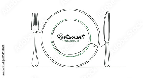 Elegant continuous line art drawing of a restaurant logo featuring a plate and cutlery isolated on transparent background, Vector