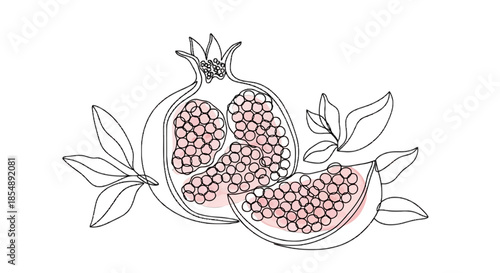 Minimalist line art illustration of a pomegranate fruit, sliced open with seeds and green leaves isolated on transparent background, Vector