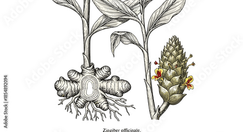Botanical illustration of the zingiber officinale plant showing its distinctive rhizome and flowering spike isolated on transparent background, Vector