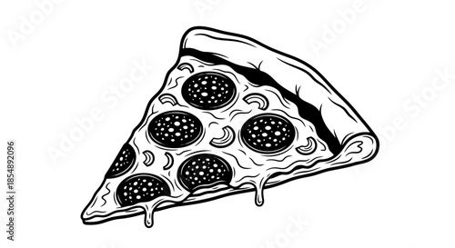 Melting cheese pepperoni pizza slice illustration in a retro monochrome art style isolated on transparent background, Vector