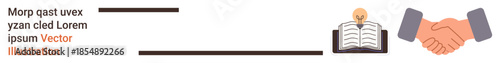 Business partnerships, teamwork, education, knowledge sharing, contract signing, collaboration. Open book and handshake. Business partnerships and teamwork