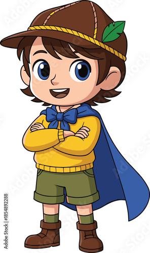 Adventurous boy, cartoon character, brown hair, blue eyes, confident pose, cape, explorer outfit, cheerful face, vector, CAD drawing