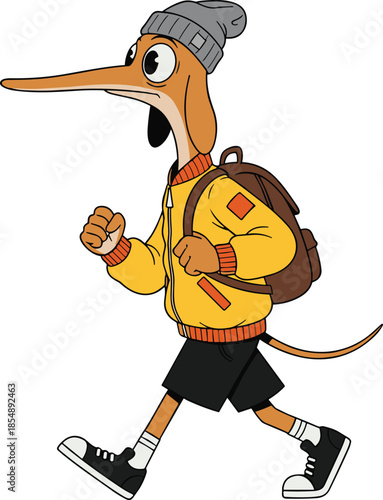 Cartoon dog, anthropomorphic character, yellow jacket, gray beanie, backpack, walking pose, urban style, vector, CAD drawing, street fashion