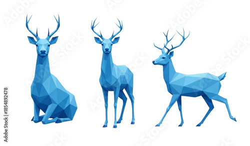 Low poly blue deer vector illustration set with geometric wildlife poses isolated on white background