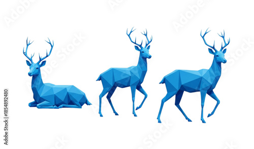 Geometric blue deer low poly vector set with modern polygon animal illustration isolated on white background